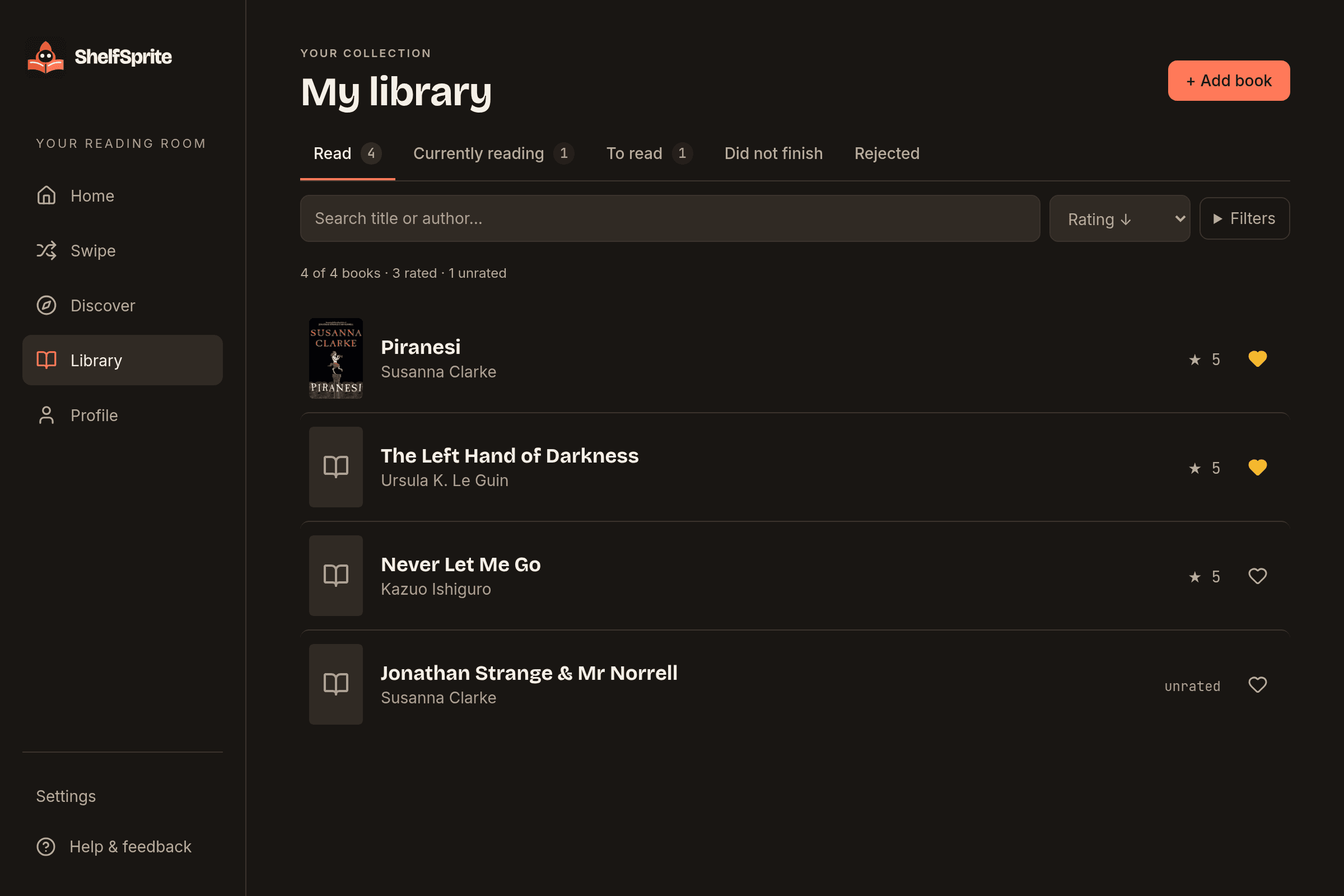 The ShelfSprite library, listing books with their covers, half-star ratings and shelf counts