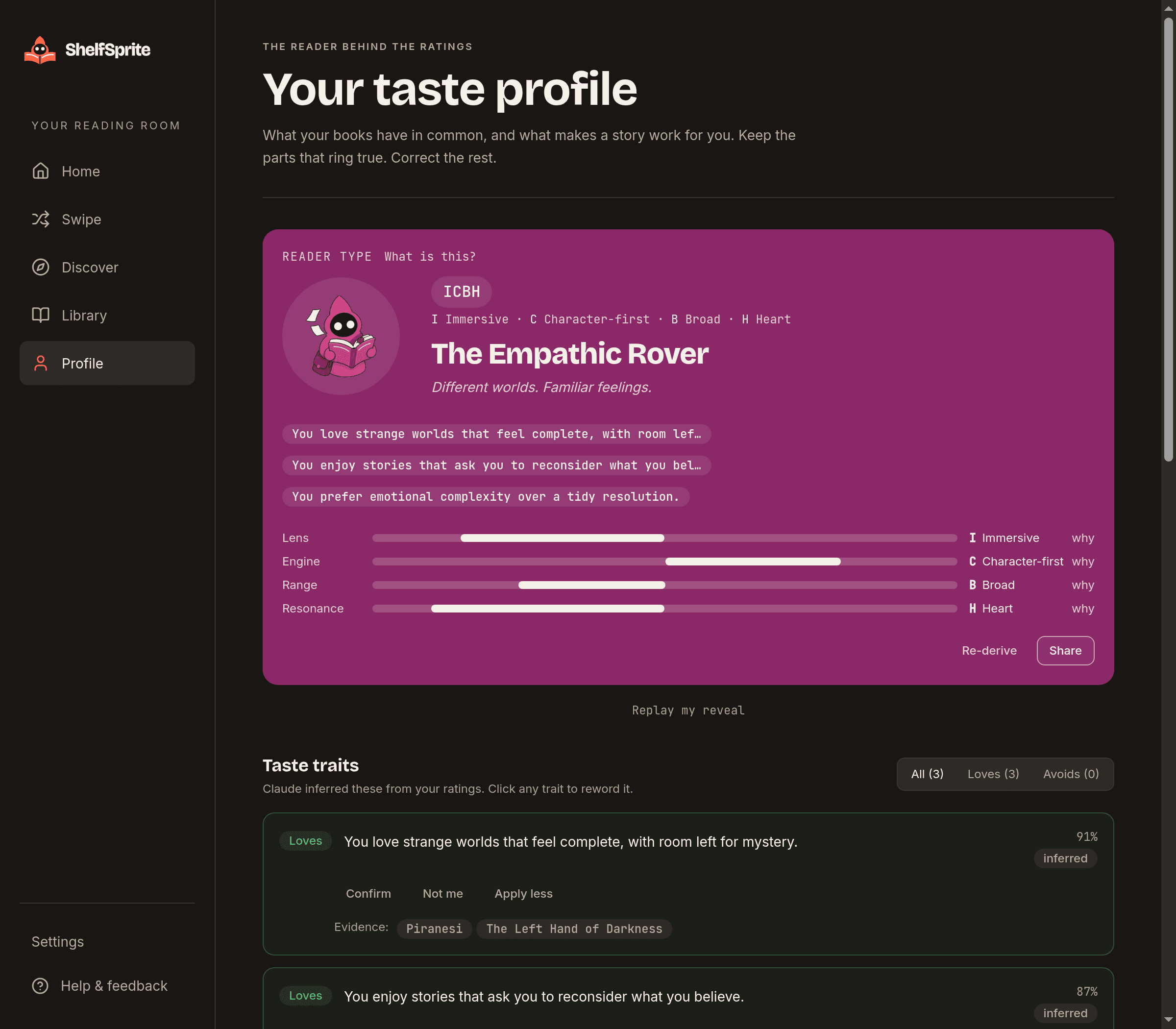 A ShelfSprite taste profile showing the reader archetype and traits grounded in their books